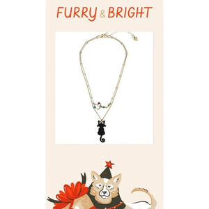 Betsey Johnson Black Glitter Gold Crowned Motif Full Body Cat & Heart Necklaces